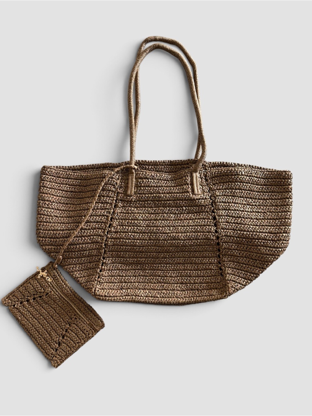 H&M x THE WHITE LOTUS Straw Shopper Tote dark khaki green bag with pouch